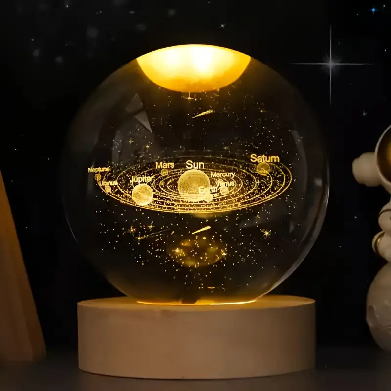 ✨ 3D Лазер Кристал Бөмбөг + Модон Суурьтай Гэрэл